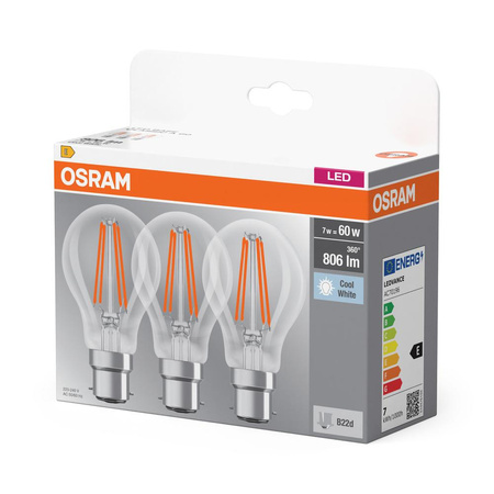 3x LED žárovka A60 B22d 6,5W = 60W 806lm 4000K Neutral 300° BASE Osram
