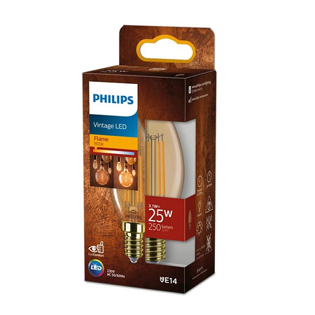 LED žárovka na svíčku E14 B35 3.1W = 25W 250lm 1800K Teplá bílá vlákno jantarové PHILIPS