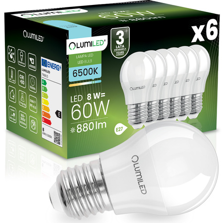 6x LED žárovka E27 kapka P45 8W = 60W 880lm 6500K studená bílá 180° LUMILED