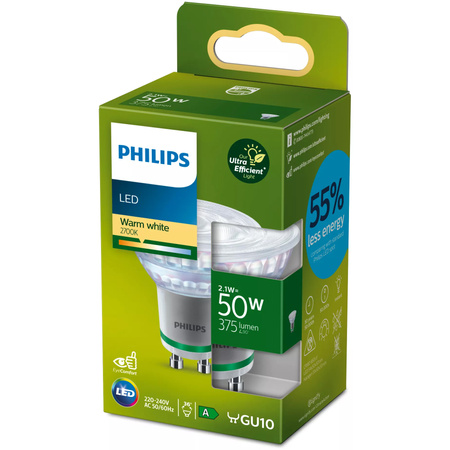 Halogenová LED žárovka GU10 PAR16 2.1W = 50W 375lm 2700K Teplá bílá 36° PHILIPS Ultra Efficient