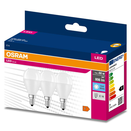 3x LED žárovka P45 kapka E14 6,5W = 60W 806lm 4000K neutrální bílá 150° VALUE CLASSIC Osram