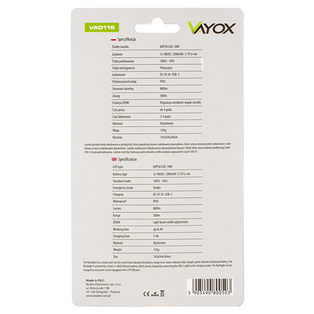 Taktická ruční svítilna Výkonná XHP50 800lm ZOOM USB-C VA0116 Vayox