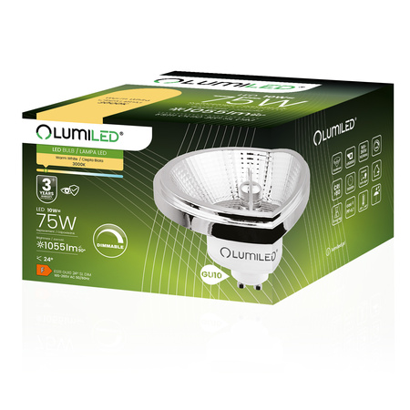 LED žárovka GU10 ES111 10W = 75W 1055lm 3000K Warm 24° Silver Dimmable LUMILED