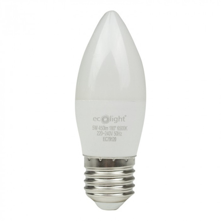LED žárovka svíčka B37 E27 5W 450lm 6500K studená bílá Ecolight