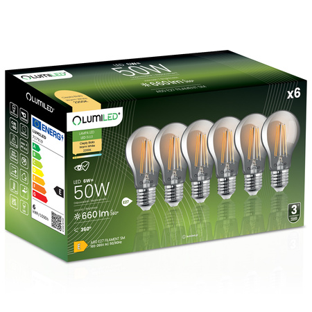 6x LED žárovka E27 A60 6W = 50W 660lm 2200K Warm 360° DIMMION FILAMENT LUMILED