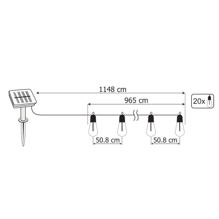 LED Solární řetěz, 20x LED Ozdobné Žárovky Edison ST58 11.48m 3000K Teplá bílá EREMI LUMILED