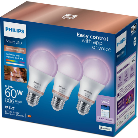 3x LED žárovka E27 8,8W = 60W WHITE + RGB SMART WiFi Philips WiZ