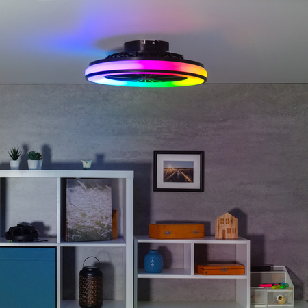 LED průmyslové svítidlo s ventilátorem + dálkové ovládání 48W 2110lm RGB CCT 150° Povrchová montáž černá PLAVE KANLUX