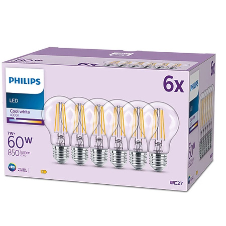 Sada 6x E27 A60 LED žárovka 7W = 60W 850lm 4000K Neutrální vlákno PHILIPS