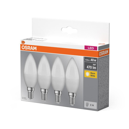 4x LED žárovka E14 B35 5W = 40W 470lm 2700K Teplá bílá 300° OSRAM Základna