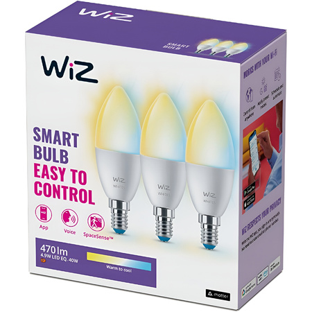 3x LED žárovka E14 Candle C37 4,9W = 40W 470lm 2700-6500K TW Smart SMART WiFi Bluetooth App WiZ