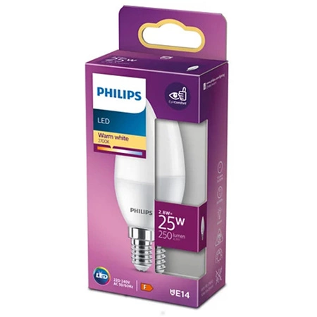 LED žárovka na svíčku E14 B35 2.8W = 25W 250lm 2700K Teplá bílá PHILIPS