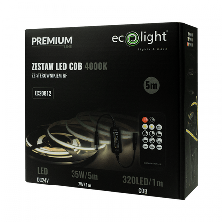 LED pásek COB 7W/m 630lm/m 320LED/m 24V 4000K neutrální IP20 naviják 5m + napájecí zdroj + dálkové ovládání Ecolight