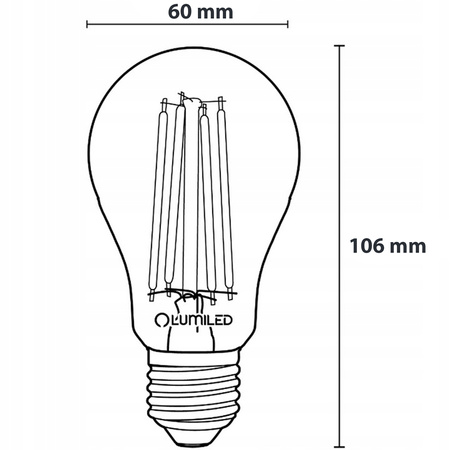 Žárovka LED E27, A60 8W = 75W 1055lm 3000K Teplá bílá 360° Filament LUMILED