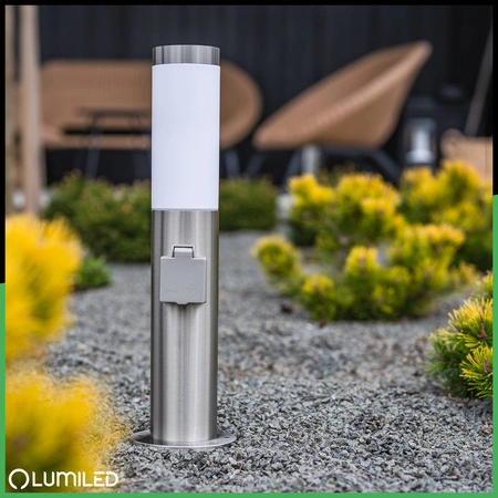 Venkovní zahradní lampa E27, LED se zásuvkou sloupek 230V 45cm inox LILIUM LUMILED