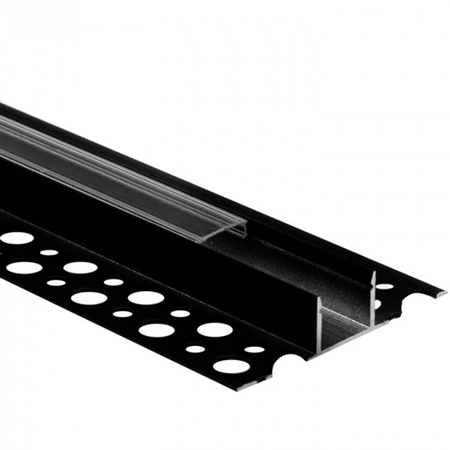 Hliníkový LED profil pro sádrokarton REGIPS Podprofil pro dlaždice černý 2m s průhledným difuzorem pro LED pásky + koncovky GN Ecolight series