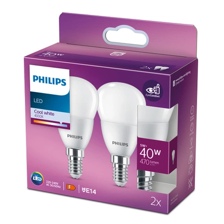 2x LED kulová žárovka E14 P45 4,9W = 40W 470lm 4000K neutrální bílá PHILIPS