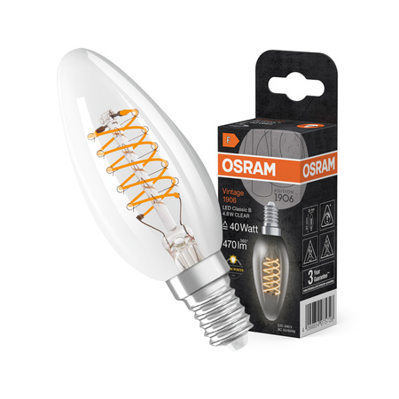 Dekorativní LED žárovka B35 svíčka E14 4,8W = 40W 470lm 2700K teplá bílá 320° Filament Dimmable Vintage 1906 Osram