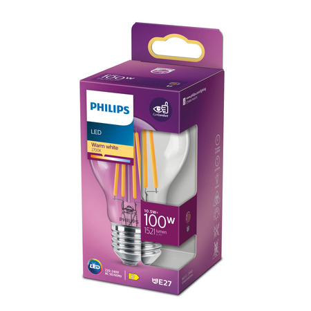 LED žárovka E27 A60 10.5W = 100W 1521lm 2700K Teplá bílá vlákno PHILIPS