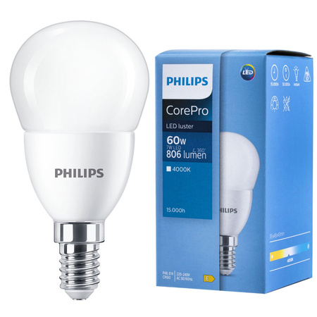 LED žárovka E14 7W = 60W 806lm 4000K Neutrální bila BALL PHILIPS