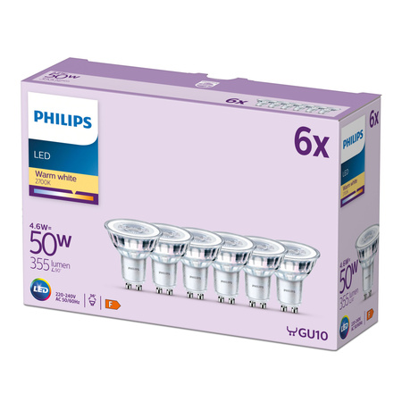 6x LED halogenová žárovka GU10 PAR16 4.6W = 50W 355lm 2700K Teplá bílá 36° PHILIPS