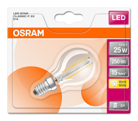 LED žárovka P45 Ball E14 2,5W = 25W 250lm 2700K Warm 300° Retrofit Filament CLASSIC Osram