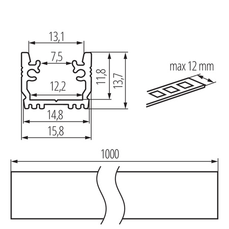 Hliníkový profil pro povrchovou montáž LED pásku Eloxovaný 1m PROFILO Kanlux 10ks.