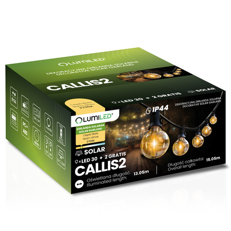 Solární zahrada Girland 30x LED okrasné koule 15,05 m 2700K teplá + dálkové ovládání CALLIS2 LUMILED