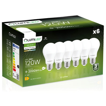 6x LED žárovka A65 E27 15W = 120W 2000lm 3000K Teplá bílá 260° LUMILED