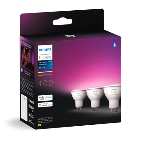 3x LED žárovka GU10 s reflektorem 4,2W = 50W 400lm 2000-6500K CCT + RGB SMART Smart Bluetooth ZigBee Bílá a barevná atmosféra Philips HUE