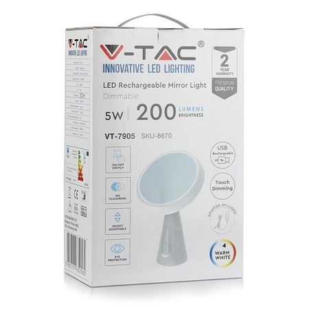 LED stolní lampa se zrcadlem 5W 3000K dobíjecí bílá VT-7905 V-TAC