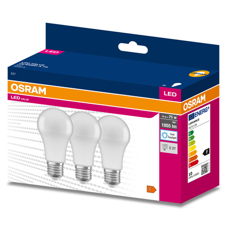 3x LED žárovka E27 A60 10W = 75W 1055lm 6500K Studená bílá 200° OSRAM Hodnota