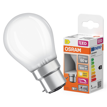 LED žárovka P45 kapka B22d 5,5W = 60W 806lm 2700K teplá bílá CRI90 300° Filament Dimmable SUPERSTAR PLUS CLASSIC Osram