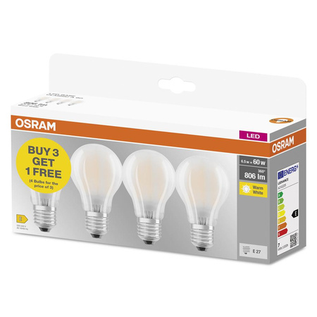 4x LED žárovka A60 E27 6,5W = 60W 806lm 2700K Warm 300° BASE Osram