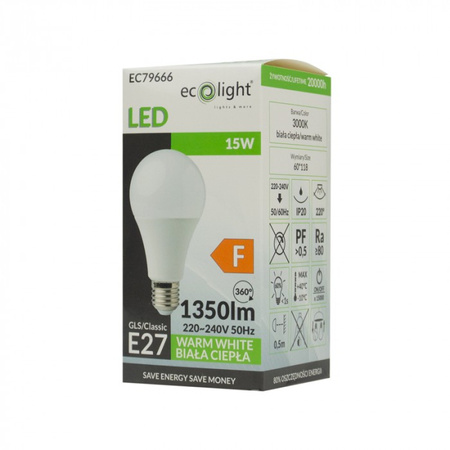 LED žárovka A60 E27 15W 1350lm 3000K Warm Ecolight