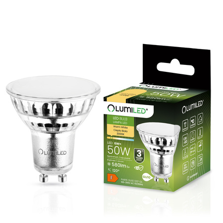 Žárovka LED GU10, 6W = 50W 580lm 3000K Teplá bílá 120° Skleněná LUMILED