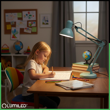 Stolní kreslící lampa E27 TOBI Pastelově modrá Lumiled + držák na desku