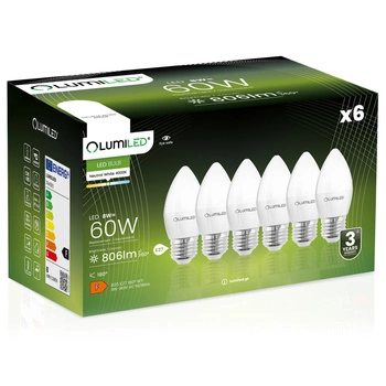 6x Žárovka LED E27, B35 8W = 60W 806lm 4000K Neutrální bílá 180° LUMILED
