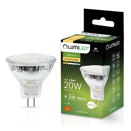 Žárovka LED MR11, 2.5W = 20W 220lm 3000K Teplá bílá 120° 12V LUMILED