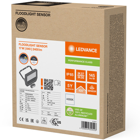 LED reflektor 17W 2400lm 4000K IP65 černý se senzorem pohybu LEDVANCE Floodlight