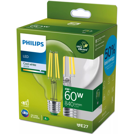 Globe LED žárovka E27 G95 4W = 60W 840lm 4000K Neutrální bila vlákno PHILIPS Ultra Efficient