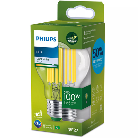 LED žárovka E27 A60 7.3W = 100W 1535lm 4000K neutrální bílá vlákno PHILIPS Ultra Efficient