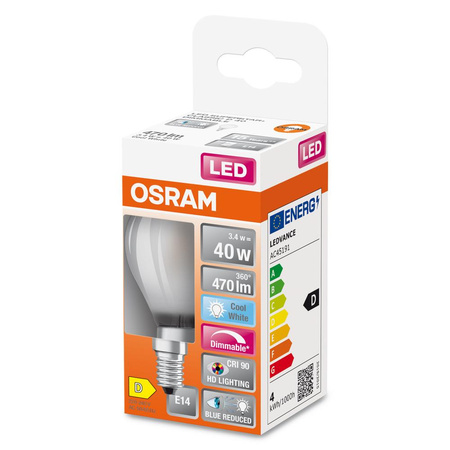 LED žárovka P45 Ball E14 3,4W = 40W 470lm 4000K Neutrální CRI90 300° Stmívatelné vlákno SUPERSTAR PLUS CLASSIC Osram