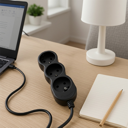 Síťový prodlužovací kabel s uzemněním 3 zásuvky 5m černý kabel Lendo Lumiled