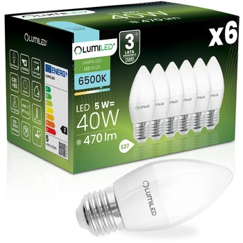 6x Žárovka LED E27, B35 5W = 40W 470lm 6500K Studená bílá 180° LUMILED