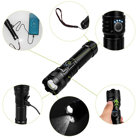 Dobíjecí LED taktická 600lm 10W ruční svítilna Výkonná ZOOM POWERBANK VA0179 VAYOX