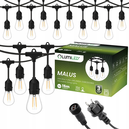 Venkovní řetěz 15m, 15x E27 Žárovky 2W 3000K MALUS LUMILED