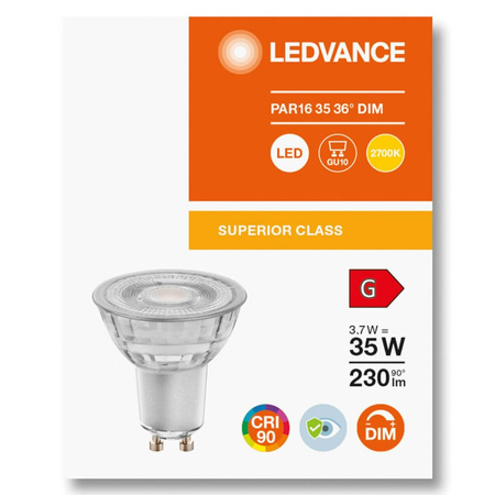 LED žárovka GU10 3.7W = 35W 230lm 2700K Teplá bílá 36° CRI90 Stmívatelné sklo LEDVANCE Superior
