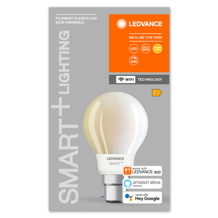 B22d A60 LED žárovka 6W = 60W 2700K Teplá bílá 806lm 300° LEDVANCE SMART+ WIFI vlákno Stmívatelné