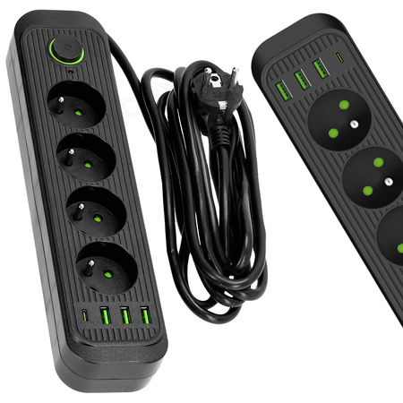 Prodlužovací kabel CONNECTO 4x230V 3m 4GN Zemní jistič 4xUSB černý Kobi